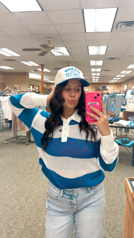 Blue Stripe Colorblock Crochet Knitted Sweater