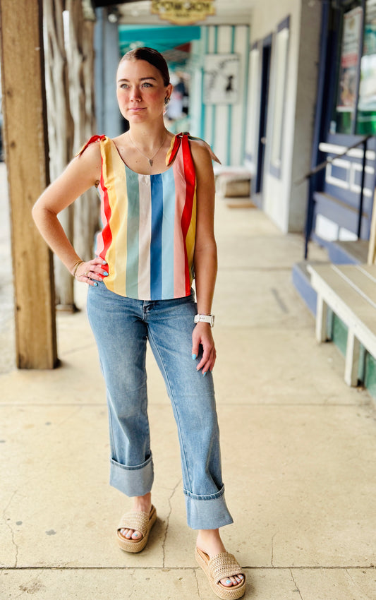 Contrast Striped Tie Shoulder Tank