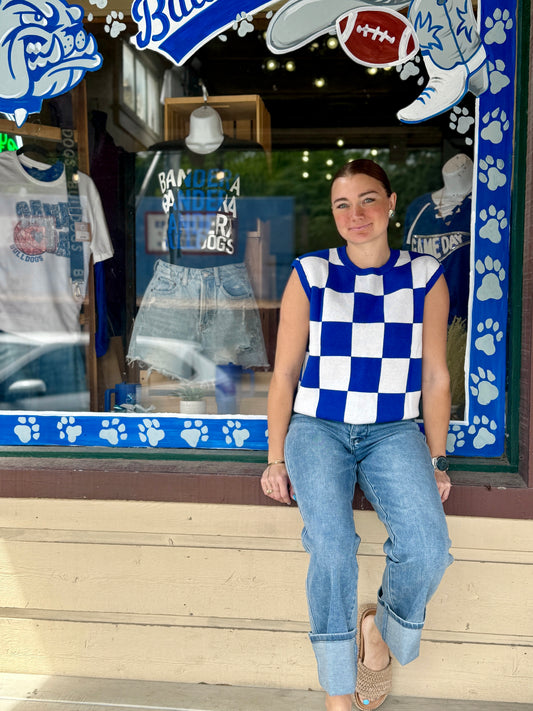 Dark Blue Cherckerboard Round Neck Sweater Vest
