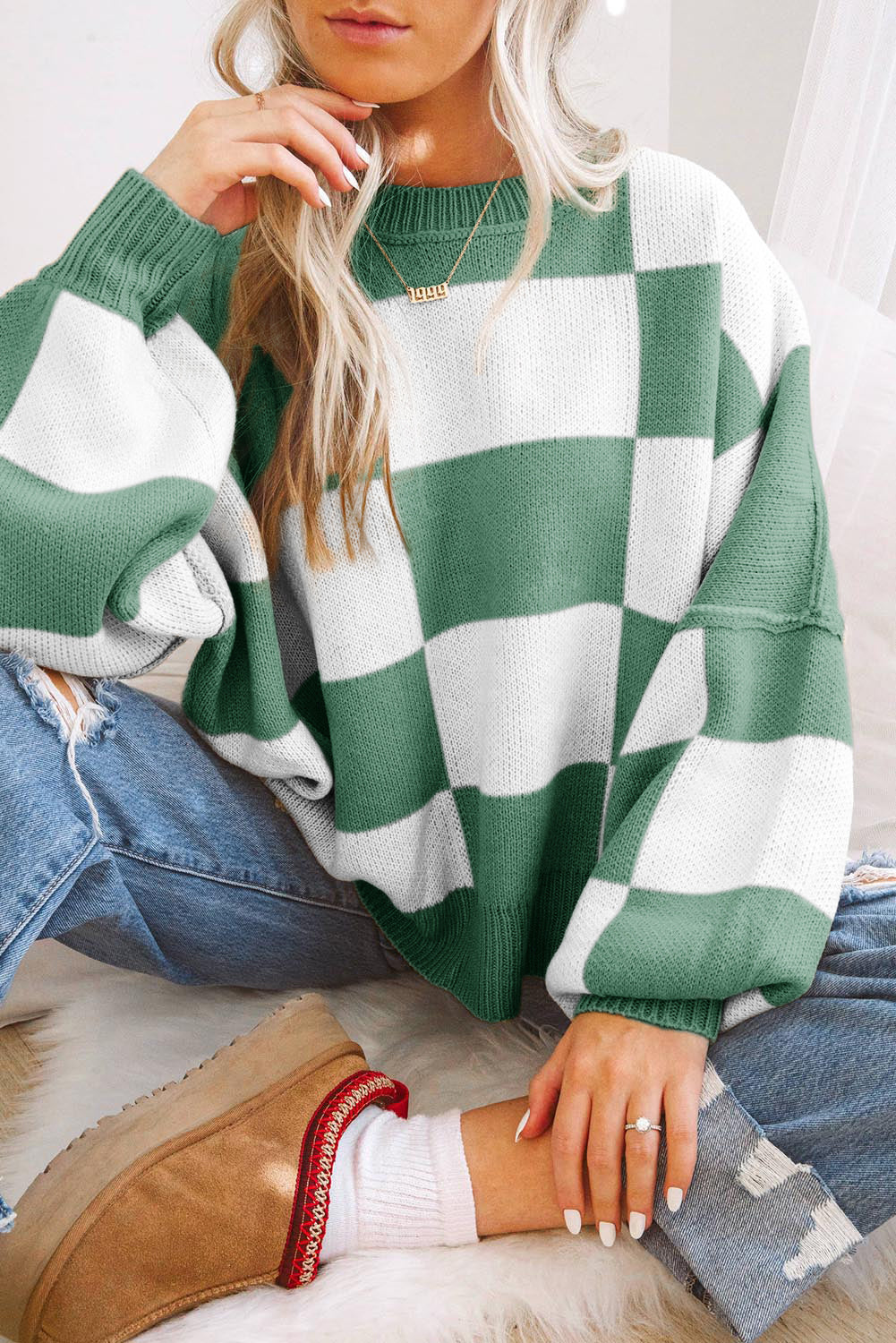 Checkered Balloon Sleeve Sweater
