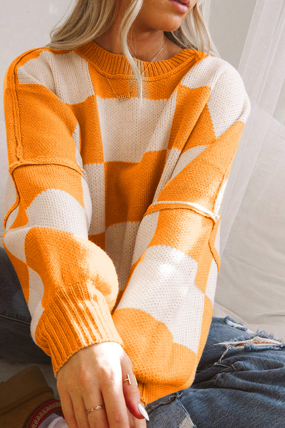 Checkered Balloon Sleeve Sweater