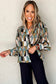 Green Geometric Print Buttoned Balloon Sleeve Blouse