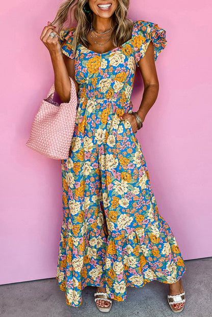 Yellow Floral Shirred Cut Out High Waist Jumpsuit