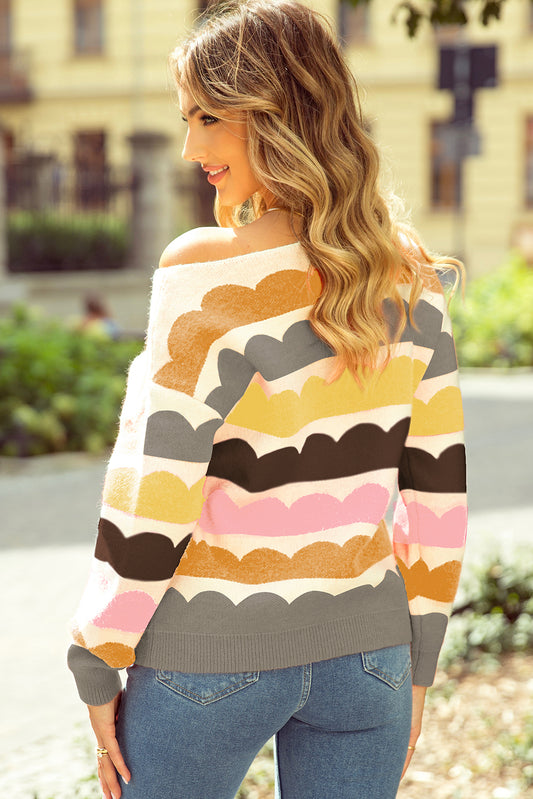 Scalloped Balloon Sleeve Drop Shoulder Sweater