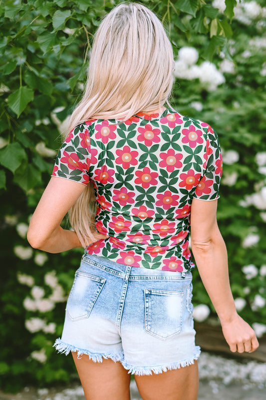 Fiery Red Retro Floral Print Top