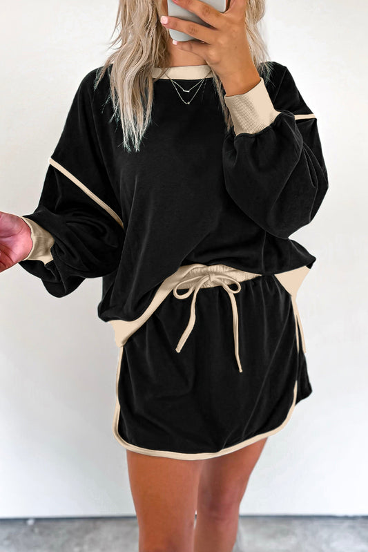 Black Color Pullover and Lace-up Waist Skort Set