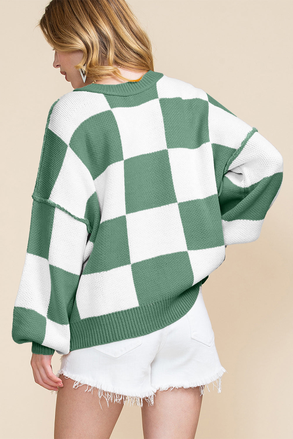 Checkered Balloon Sleeve Sweater