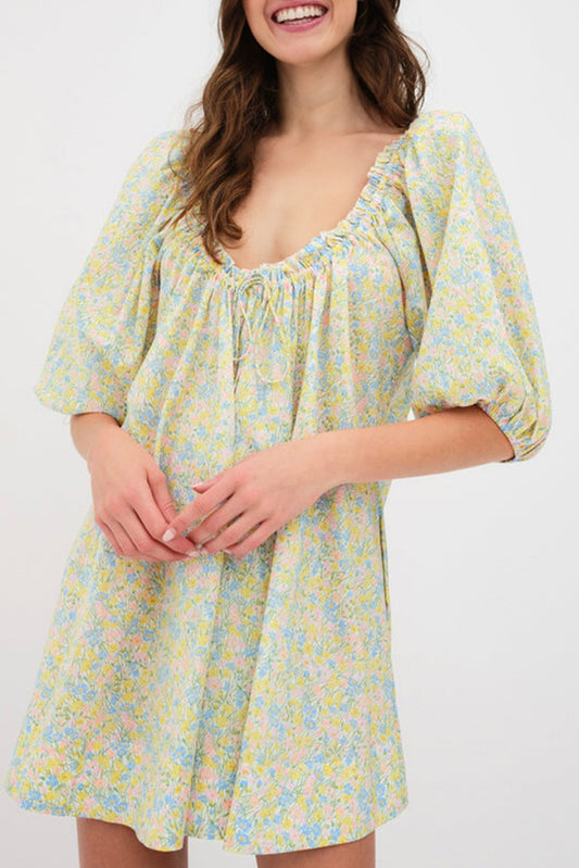 Green Floral Half Sleeve Frilled Short Dress