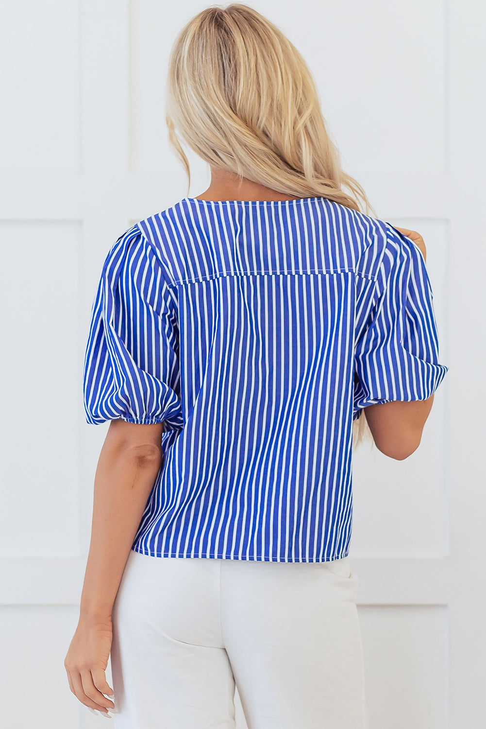 Blue Stripe Tied Puff Short Sleeve Blouse