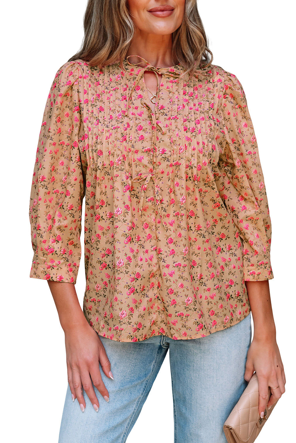 Floral Print Bow Pintuck Bust Half Puff Sleeve Blouse
