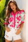 Rose Floral Frilled V Neck Short Sleeve Blouse