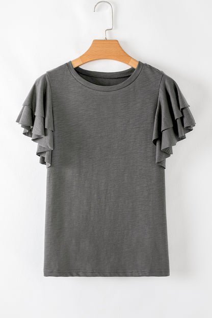 Dark Grey Ruffle Short Sleeve Top