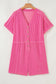 Pink Ribbed Short Sleeve V Neck Buttoned Romper