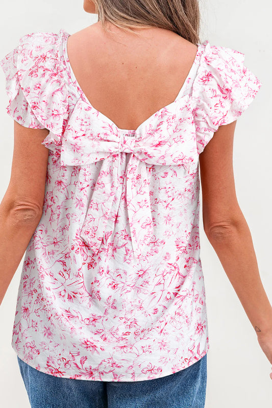 Pink Floral Ruffled Sleeve Bow Blouse