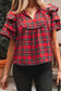 Festive Plaid Pearl Embellished Blouse