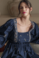 Blue Floral Embroidered Puff Sleeve Ruffled Mini Dress
