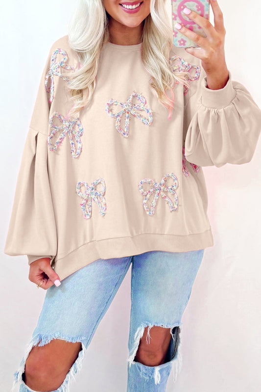 Embroidered Bow Lantern Sleeve Oversized Pullover