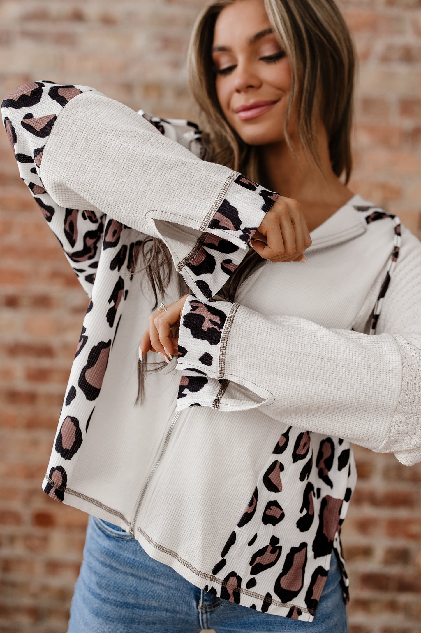 Oversized Leopard Patchwork Zip Up Hoodie