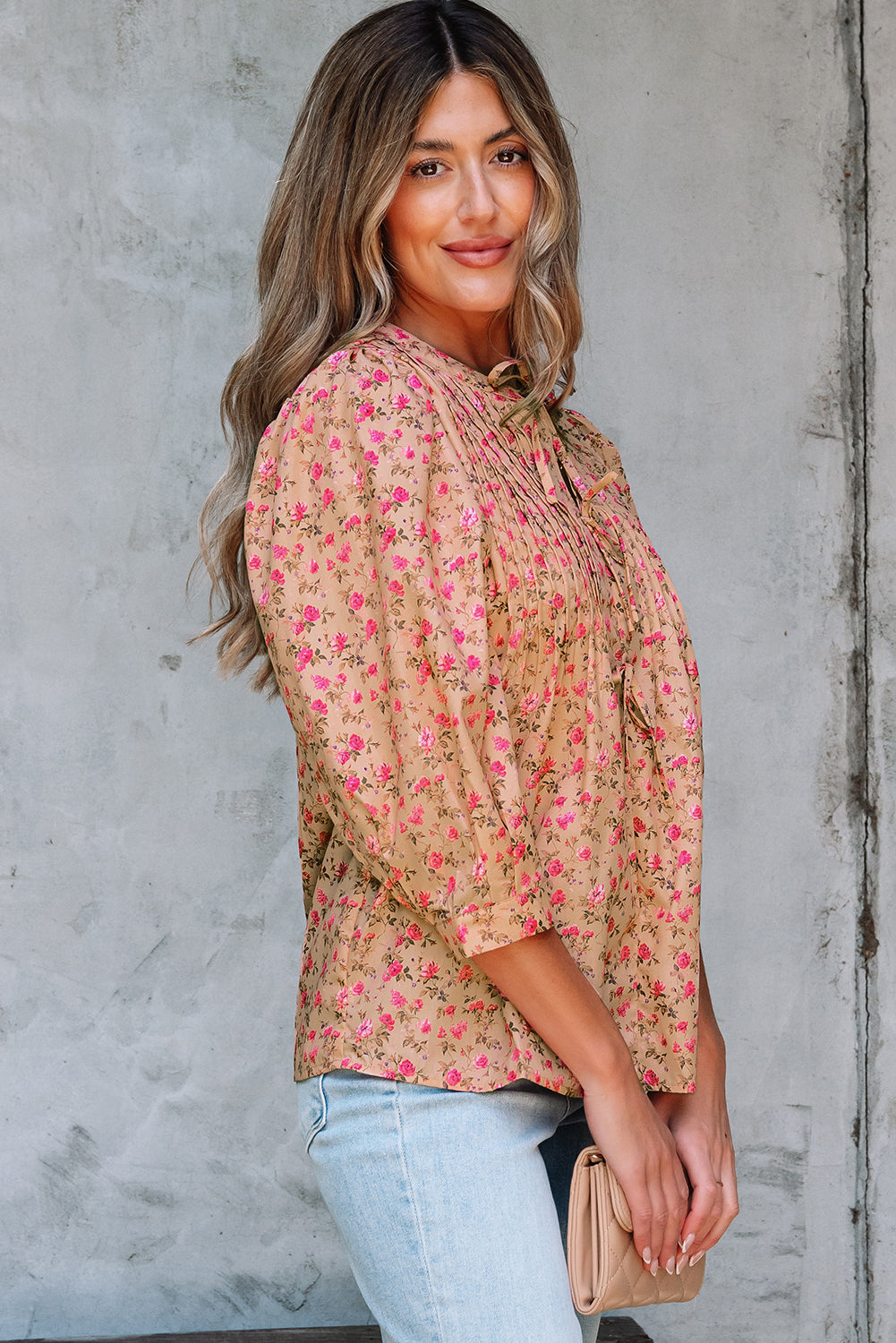 Floral Print Bow Pintuck Bust Half Puff Sleeve Blouse