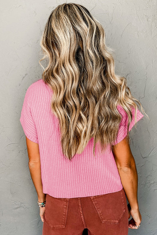 Pink Ribbed Knit Short Sleeve Sweater