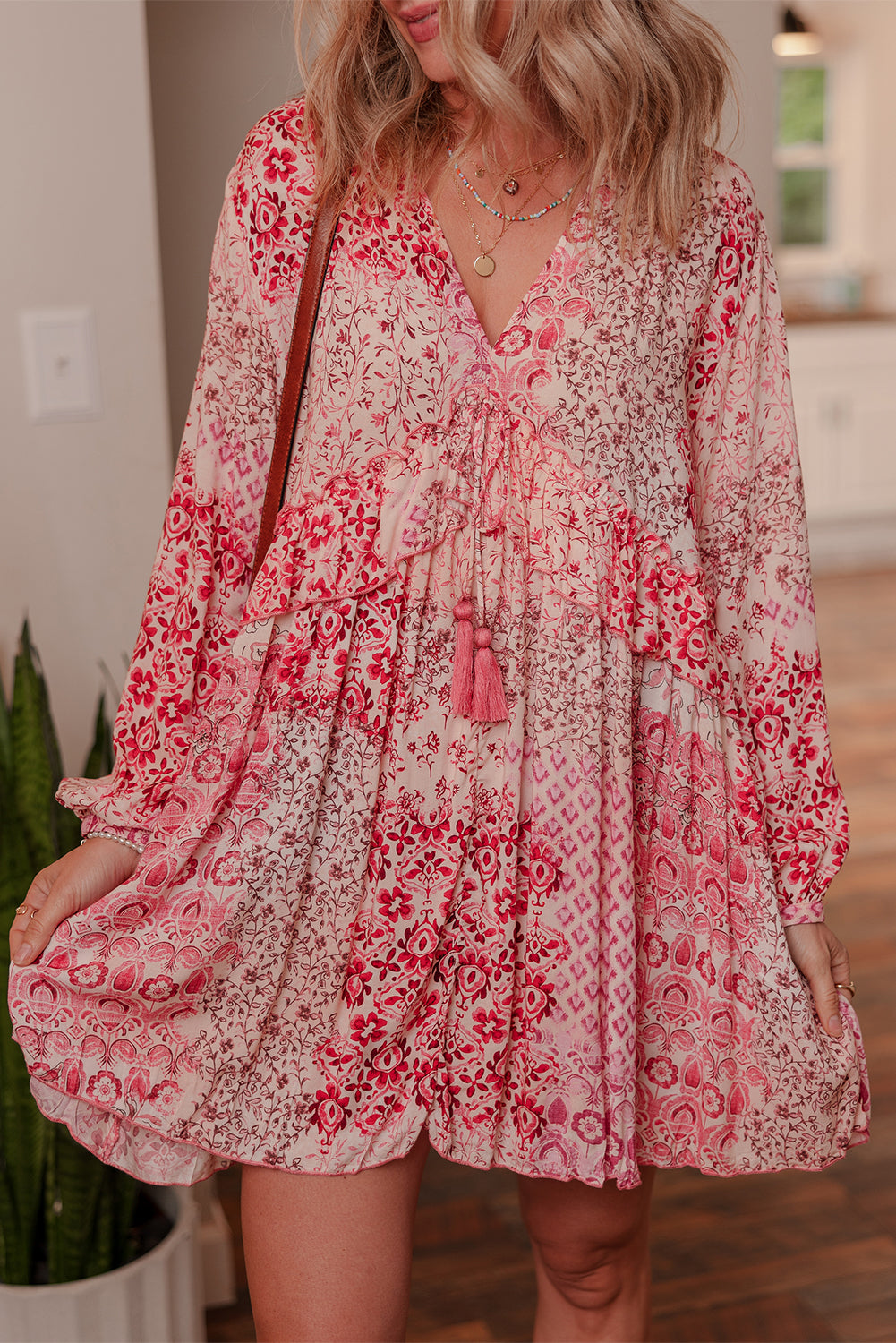 Pink Boho Floral Mini Dress