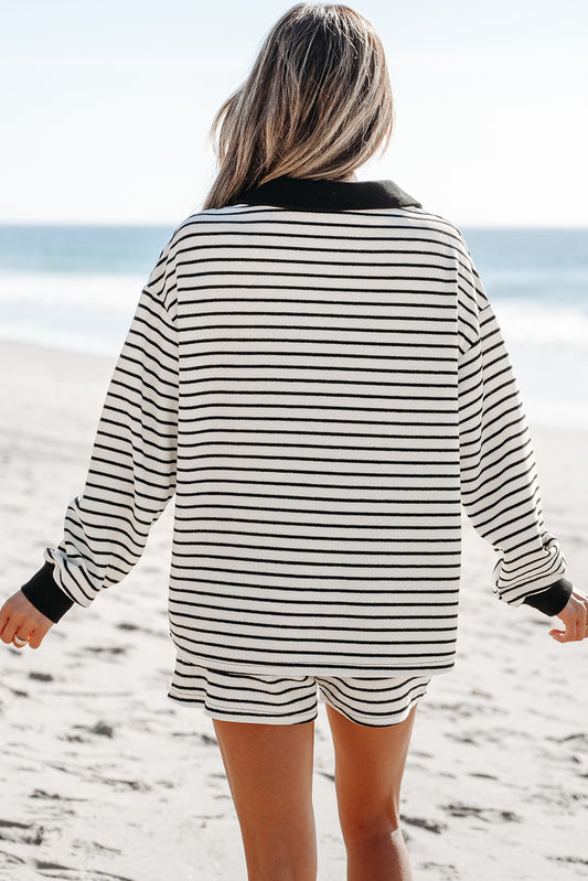 Black Stripe Collared Top and Drawstring Shorts Set