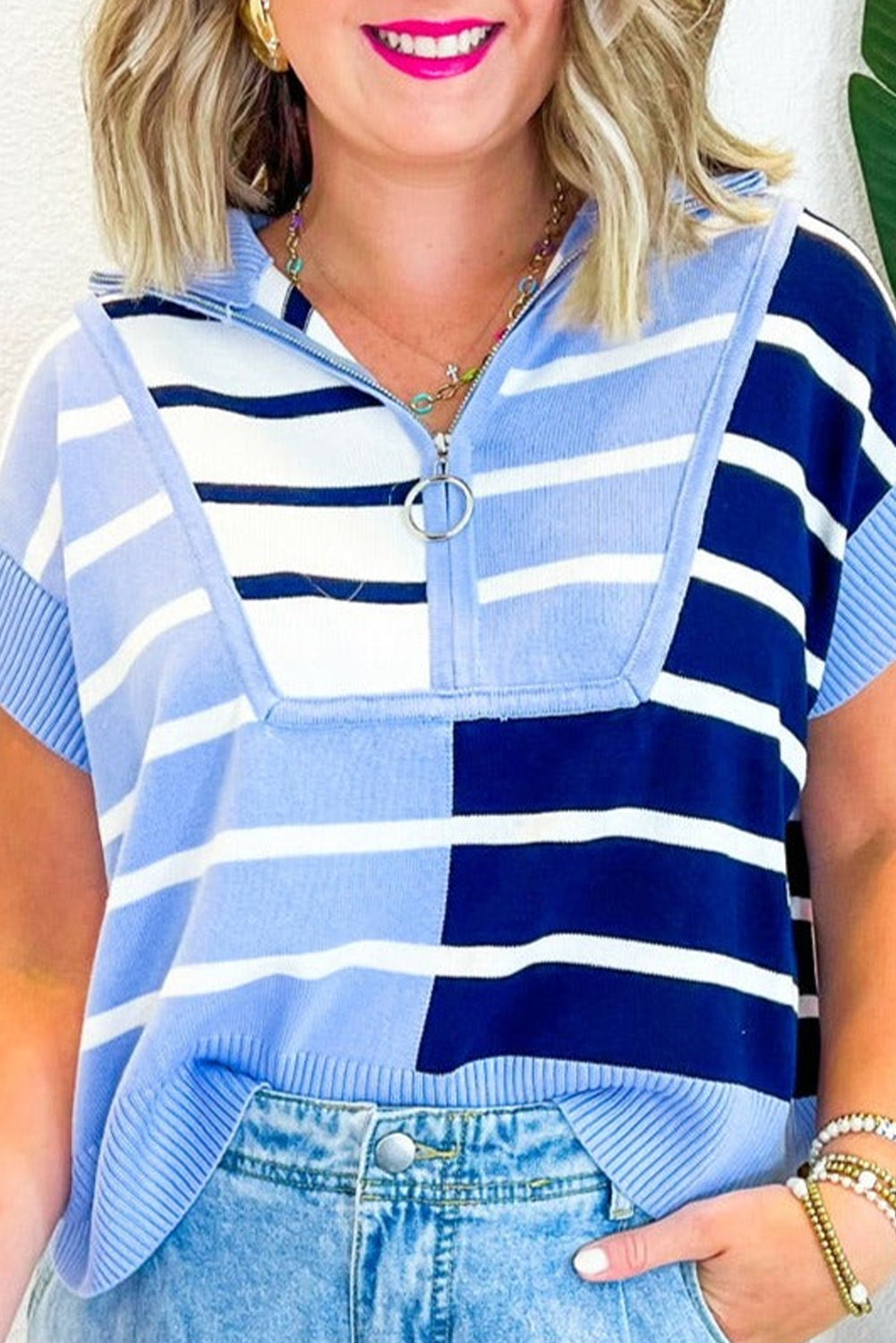 Sky Blue Stripe Colorblock Sweater Vest