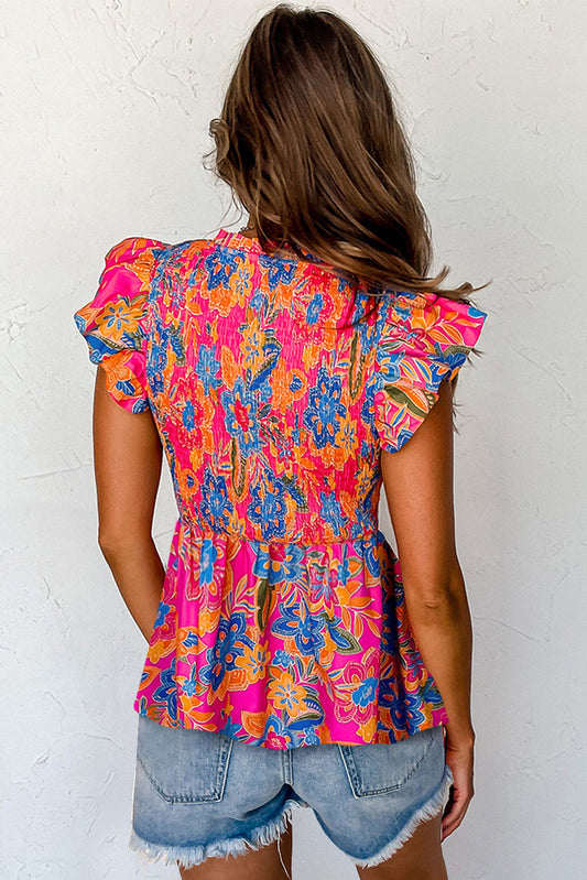 Floral Print Smocked Ruffle Blouse