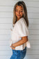 White Bow Tie Short Puff Sleeve Ruffle Hem Blouse