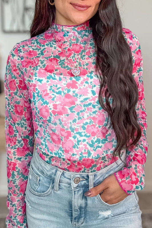 Floral Mesh Mock Neck Top