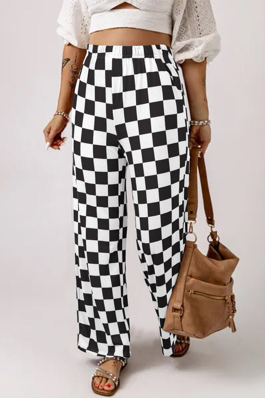 Wide Checked Print High Waist Pants