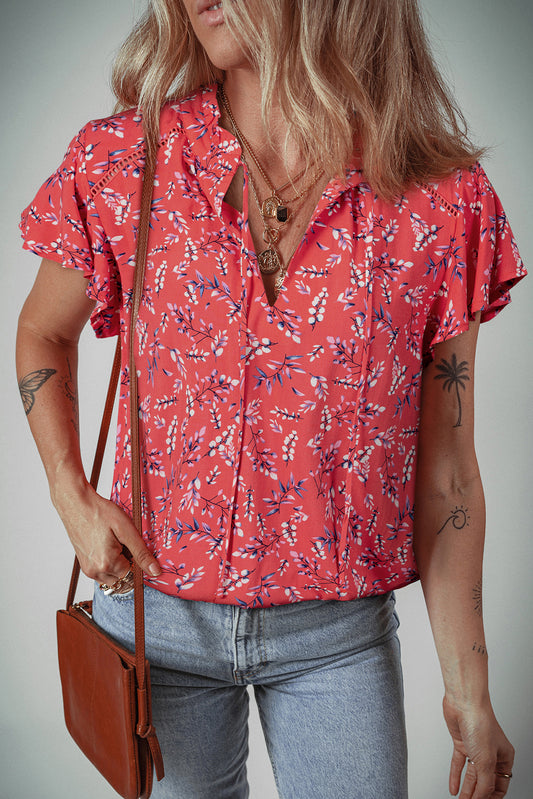 Red Floral Short Sleeve Crinkled Blouse