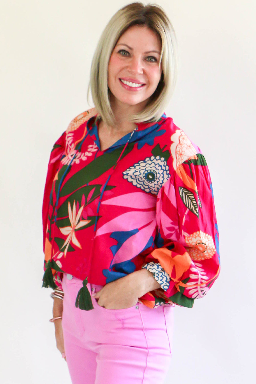 Flower Print Ruffled Puff Sleeve Blouse