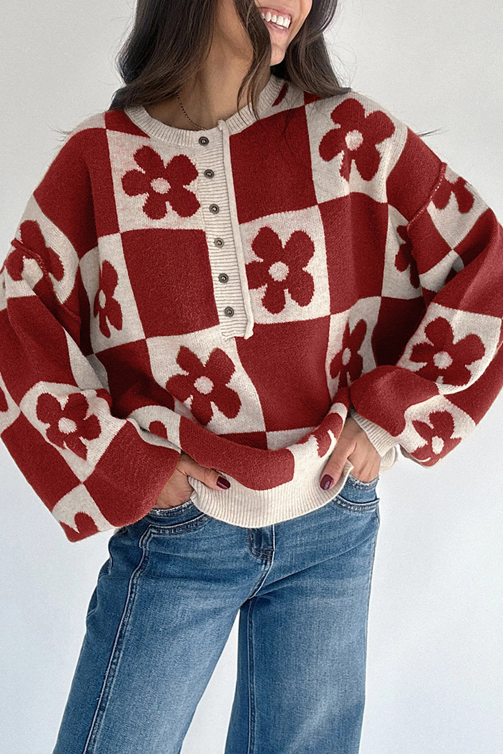 Flower Plaid Henley Sweater