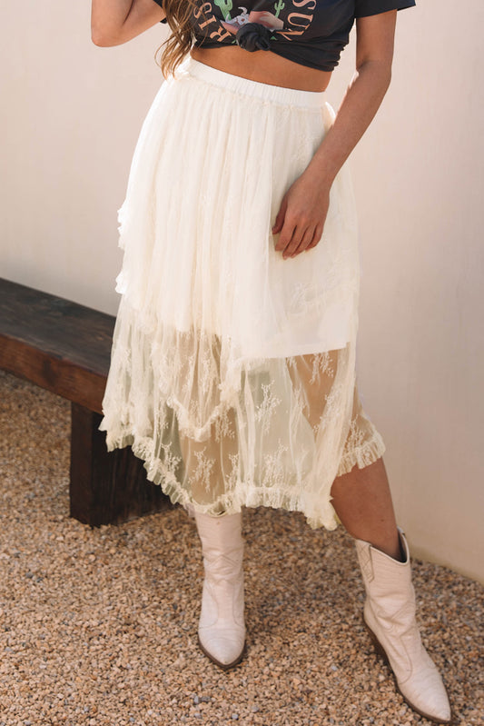 Beige Lace Tiered High Waist Maxi Skirt