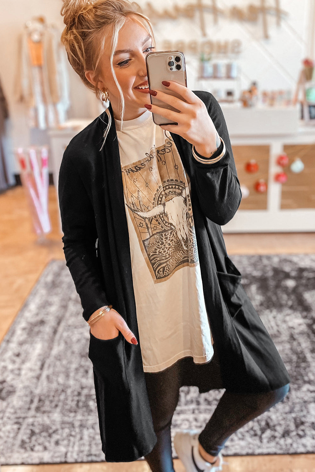 Black Solid Color Open Front Cardigan with Pockets