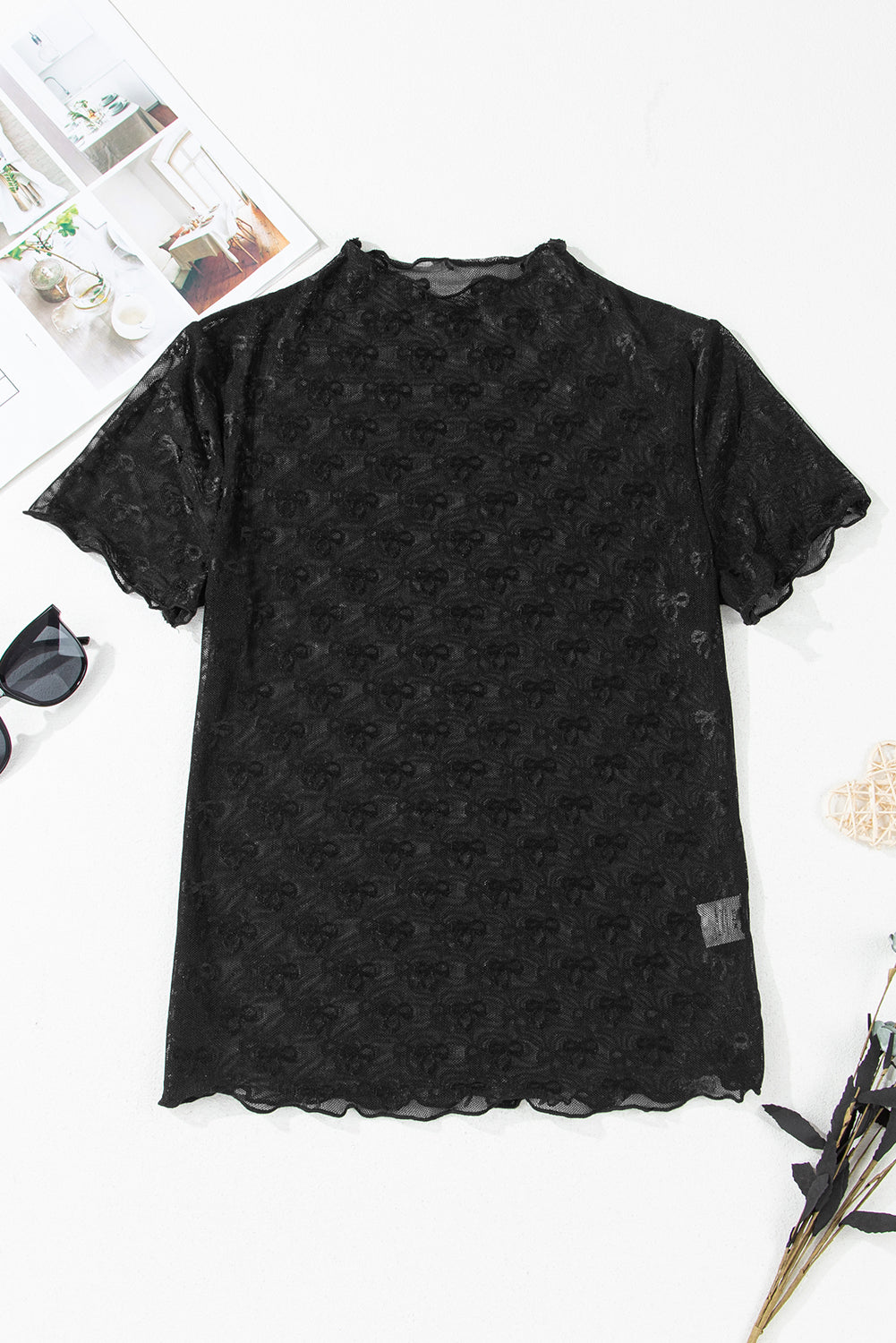 Bow Sheer Mesh Mock Neck Short Sleeve Top