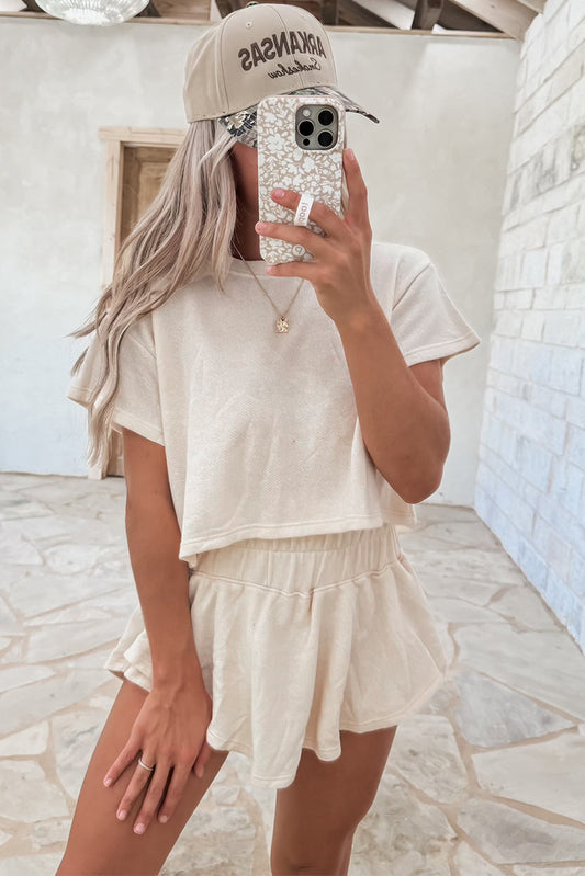 Beige Cropped Tee and Ruffle High Waist Skort Set