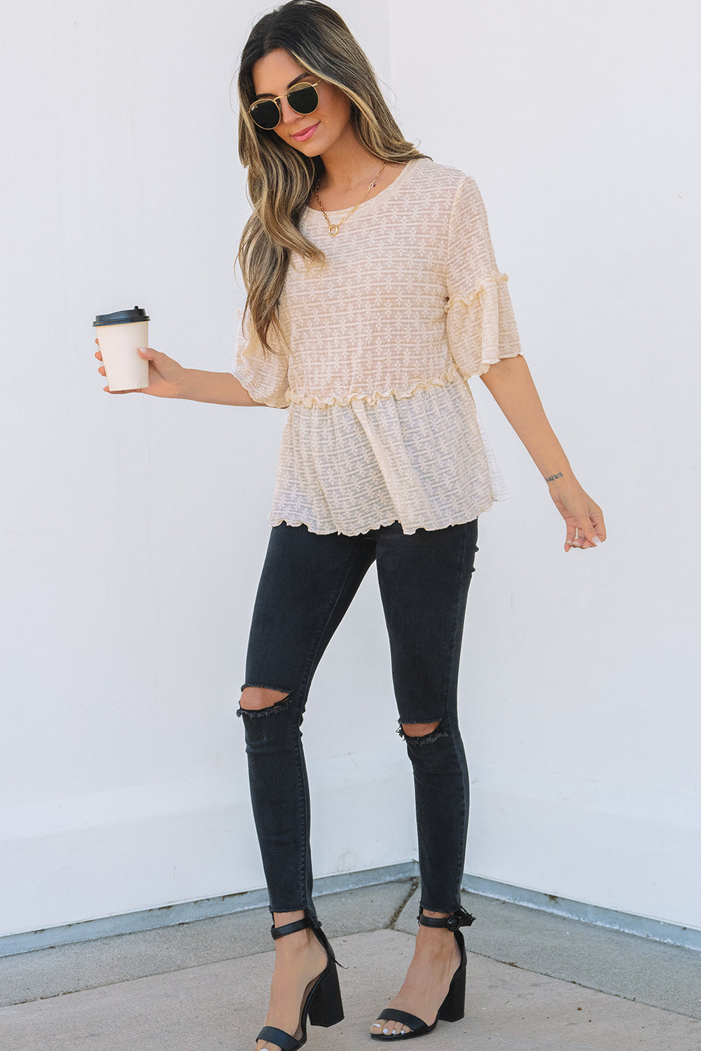 Solid Color Textured Ruffled Short Sleeve Blouse