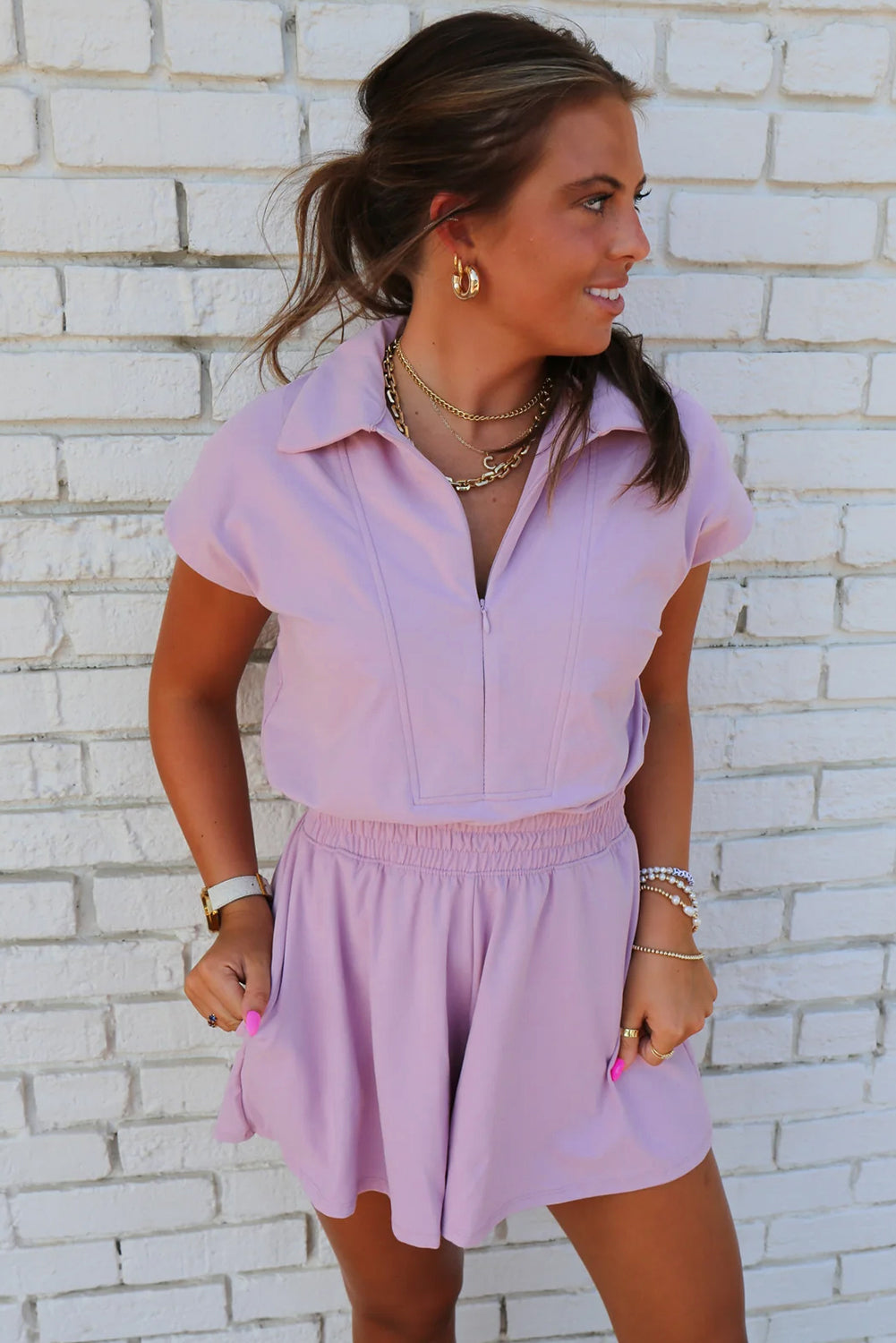 Short Sleeve Zipper Collared High Waist Romper