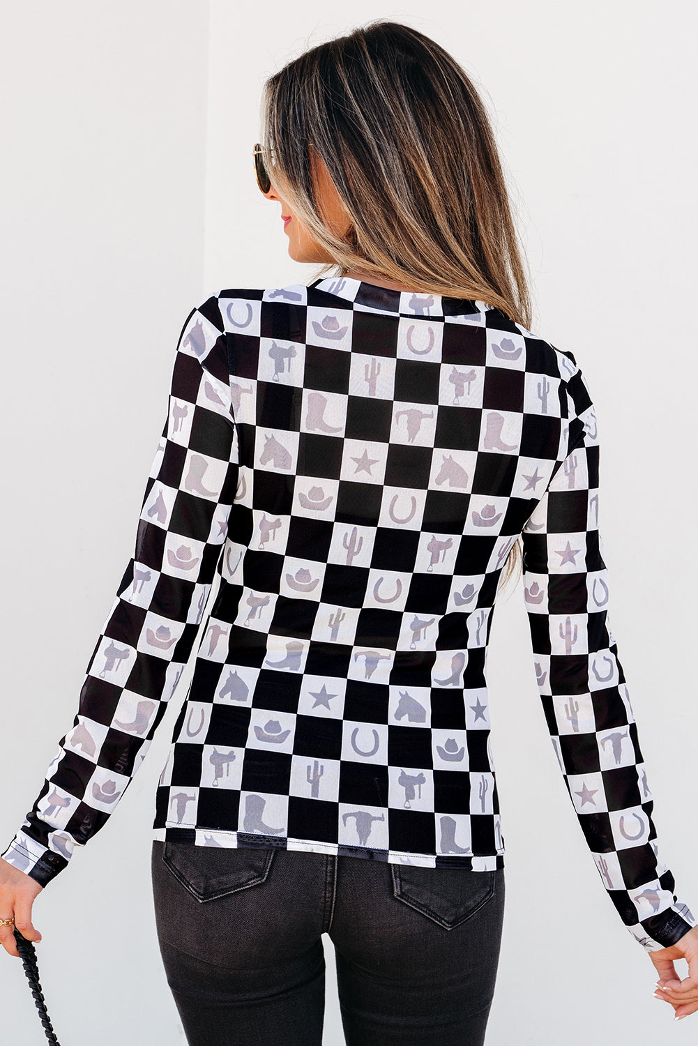 Black Checkerboard Western Elements Printed Mesh Top
