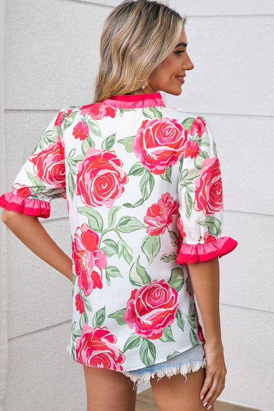 Rose Floral Frilled V Neck Short Sleeve Blouse