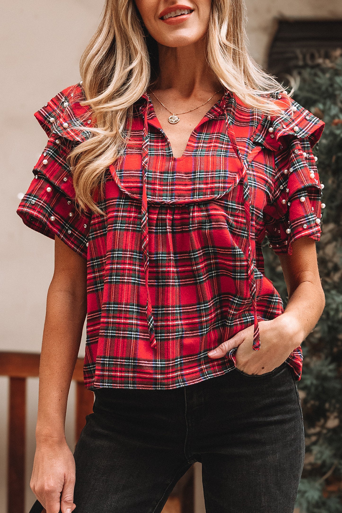 Festive Plaid Pearl Embellished Blouse