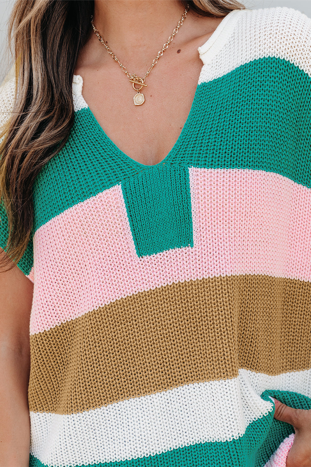 Multicolour Color Block V Neck Sweater T Shirt