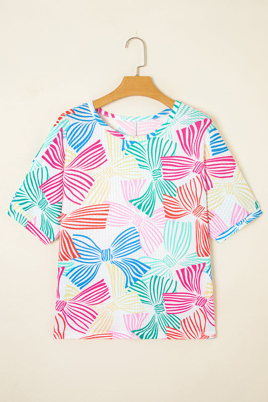 Multicolour Bowknot Crewneck Loose Short Sleeve Top