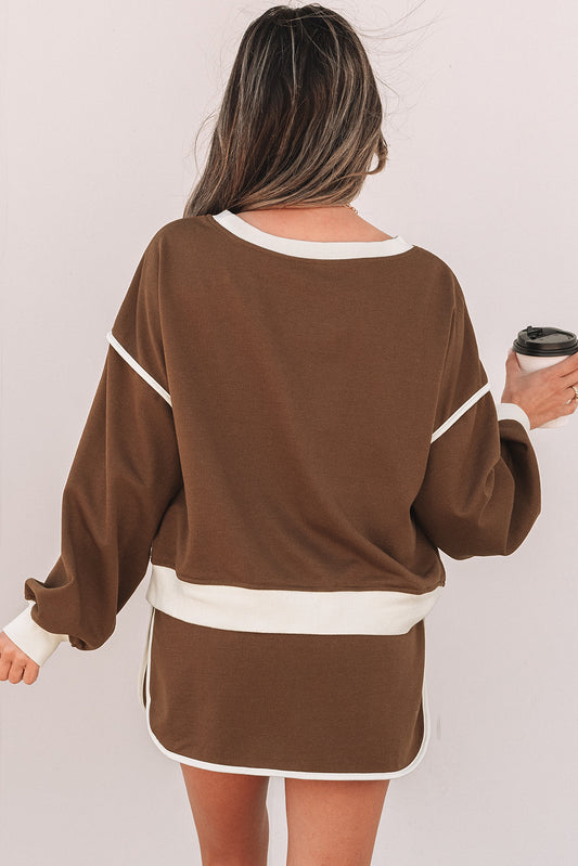 Coffee Loose Pullover and Lace-up Waist Skort Set