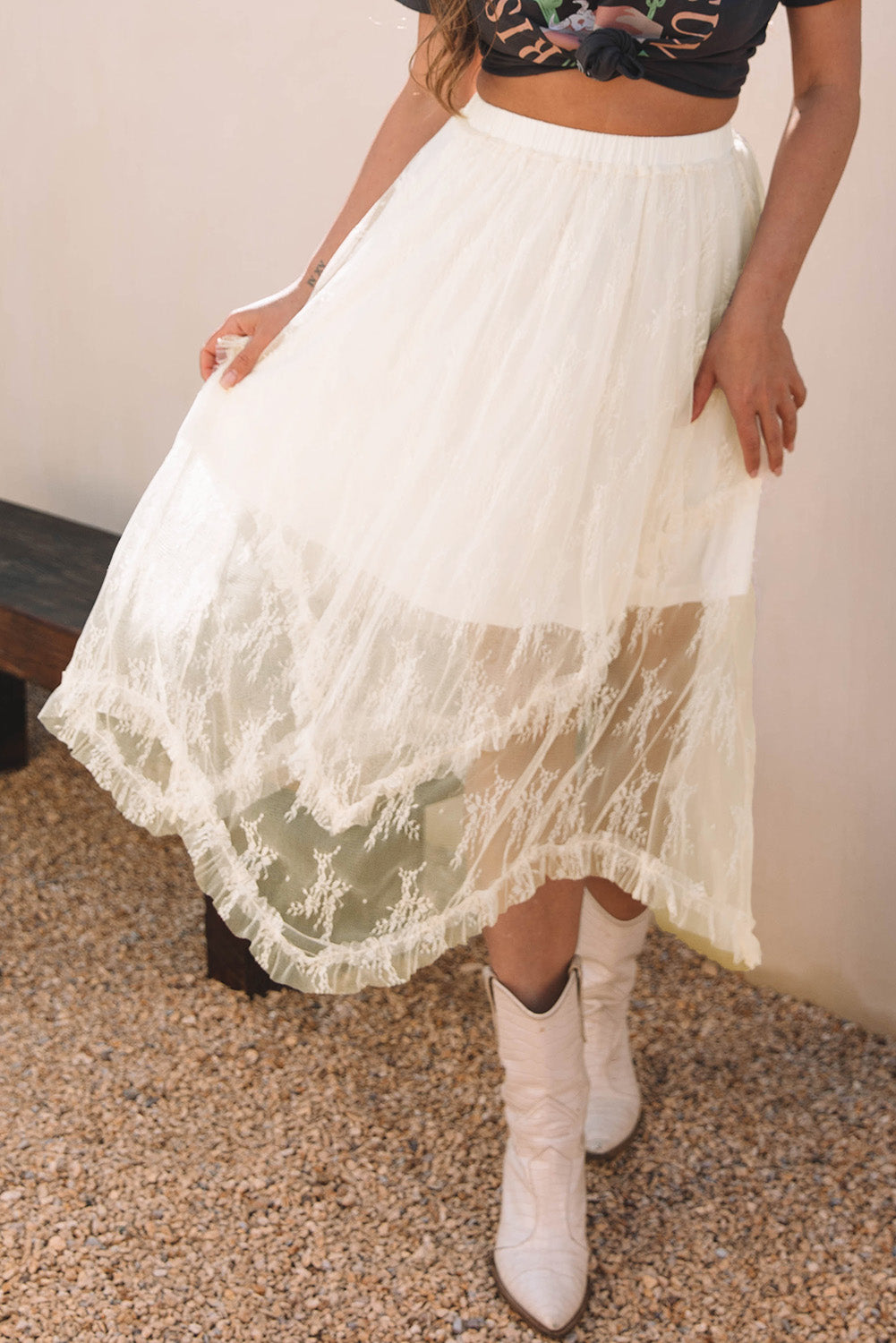Beige Lace Tiered High Waist Maxi Skirt