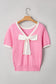 Colorblock Bow V-Shape Cut Short Sleeve Sweater
