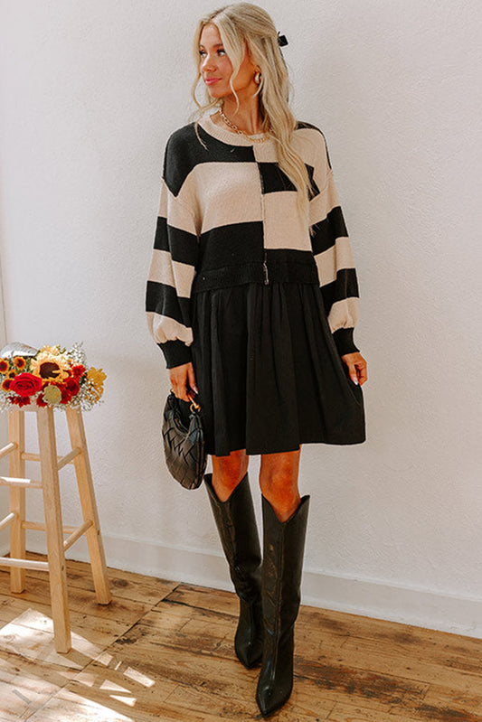 Black Stripe Knitted Top Sweater Dress