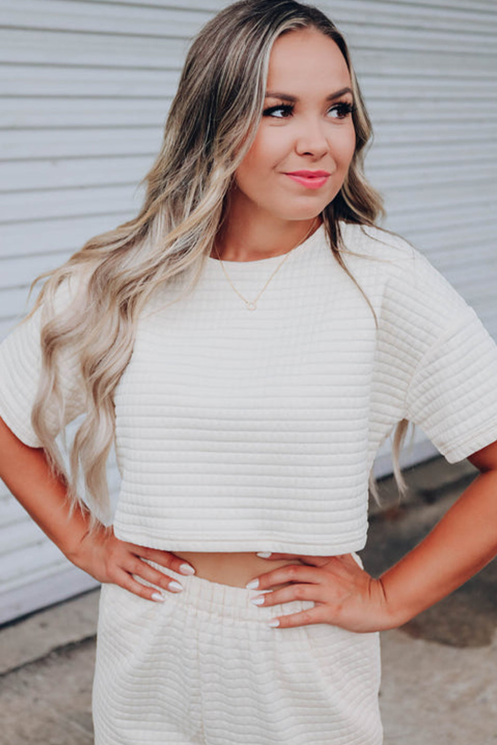 White Textured Cropped Tee and Jogger Pants Set